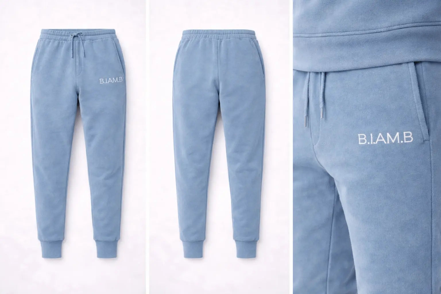 B.I.AM.B pigment light blue jogger sweatpants displayed in a three-panel layout showing front view, back view, and close-up logo detail on a white background