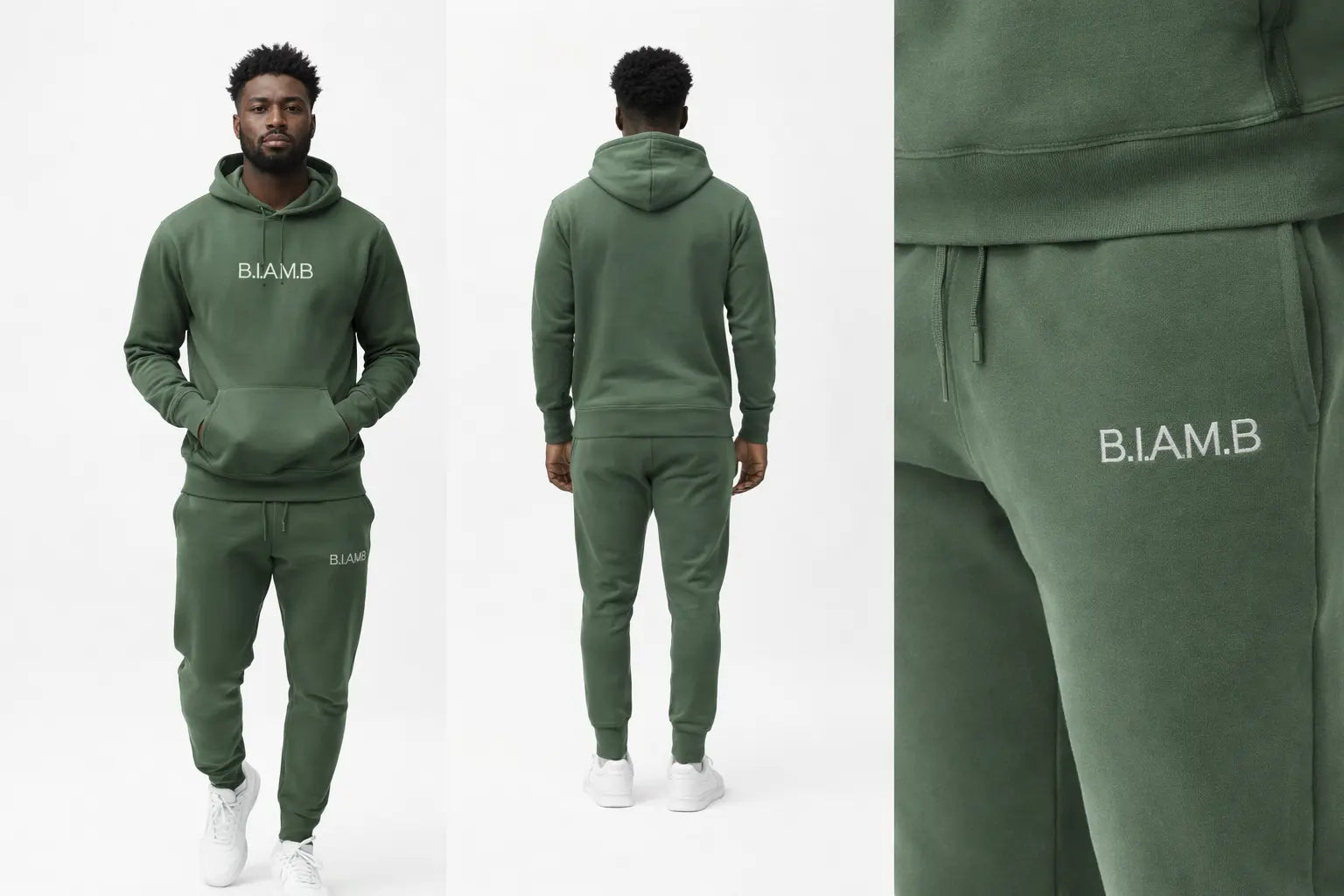 B.I.AM.B pigment alpine green hoodie and matching sweatpants set on a male model with studio front and back views, 3/4 angle view, and close-up of B.I.AM.B embroidery on the sweatpants