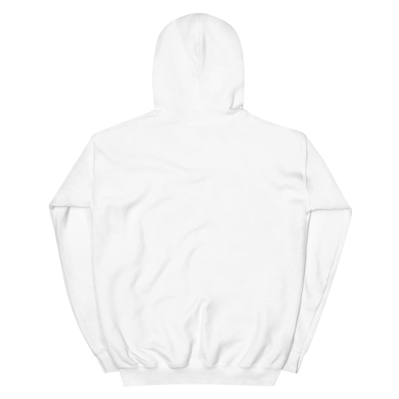 Back view of a plain white unisex pullover hoodie with a clean, minimal design and no graphics, shown flat on a plain background.