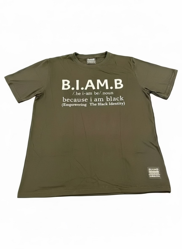 Black t-shirt with 'B.I.A.M.B.' text on a white surface