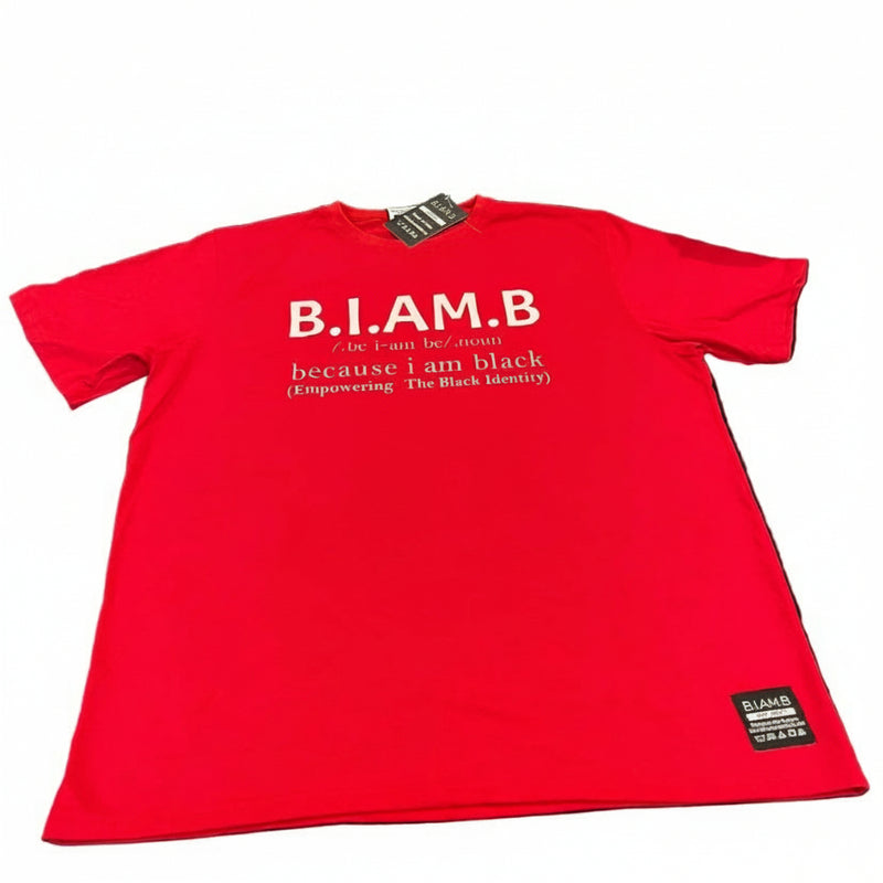 Red t-shirt with 'B.I.A.M.B.' text and red sneakers on a white background