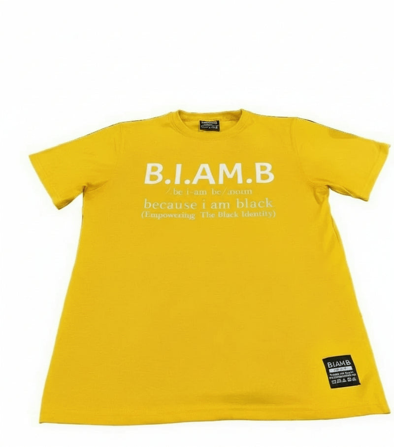 Yellow B.I.AM.B T-shirt laid flat with white text reading “B.I.AM.B – because i am black (Empowering The Black Identity),” shown with a small branded label near the hem.