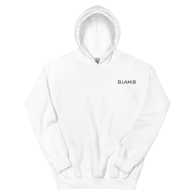 Product Clean white unisex hoodie featuring the minimalist B.I.AM.B logo. Soft, comfortable, and built for everyday style. A modern streetwear essential.