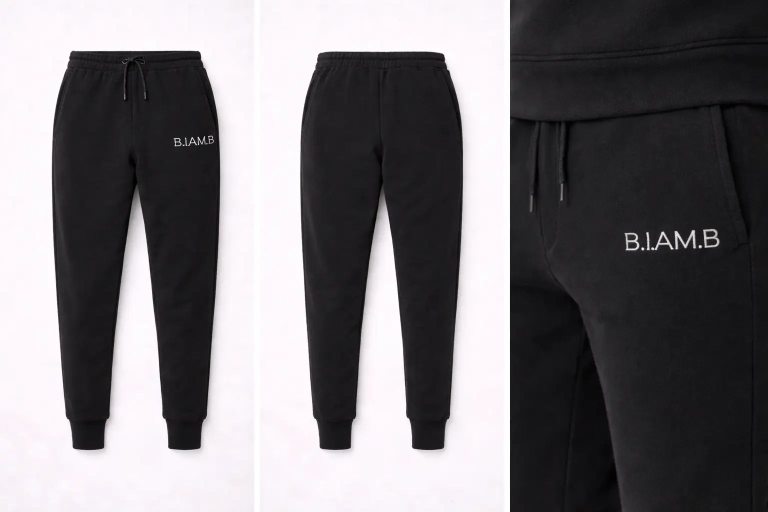 B.I.AM.B pigment black jogger sweatpants displayed in a three-panel layout showing front view, back view, and close-up logo detail on a white background
