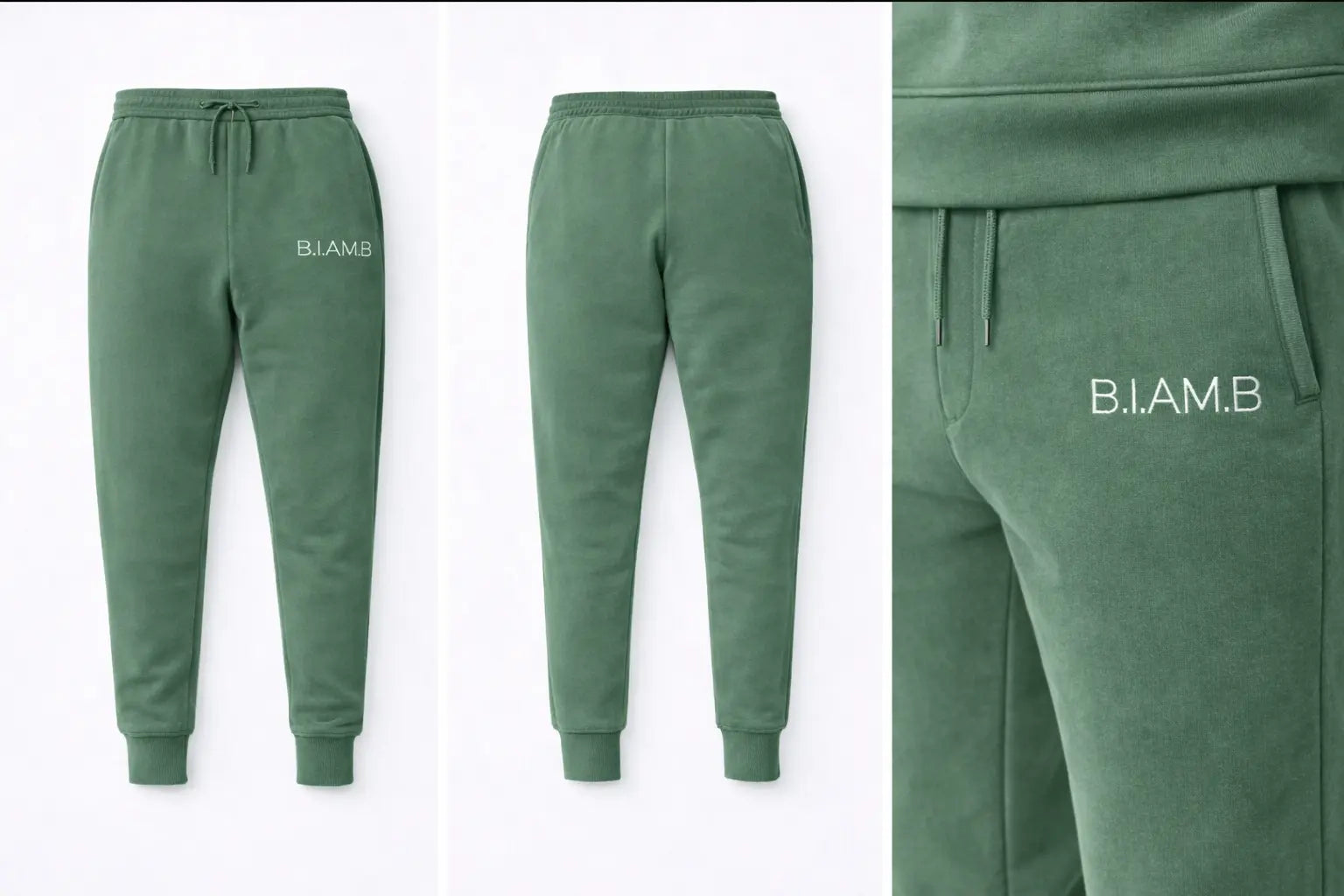B.I.AM.B pigment green jogger sweatpants shown in a three-panel layout with front view, back view, and close-up logo detail on a white background.