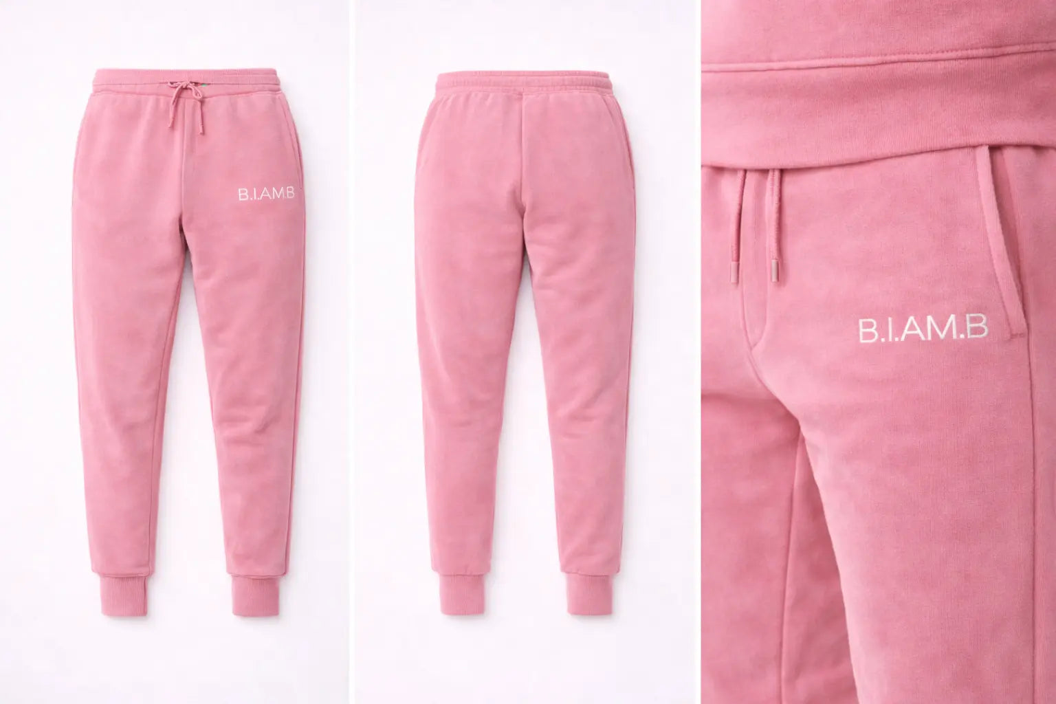 B.I.AM.B pigment pink jogger sweatpants displayed in a three-panel layout showing front view, back view, and close-up logo detail on a white background