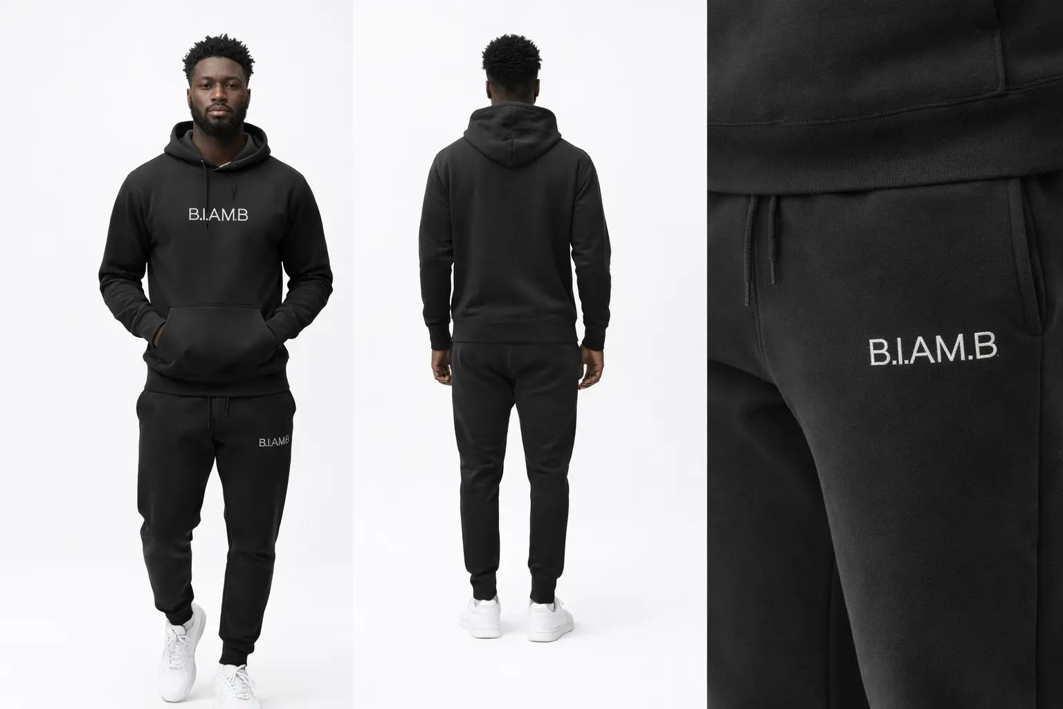 Model wearing B.I.AM.B black Pigment Legacy sweatpants with logo print, shown in front, back and detail views