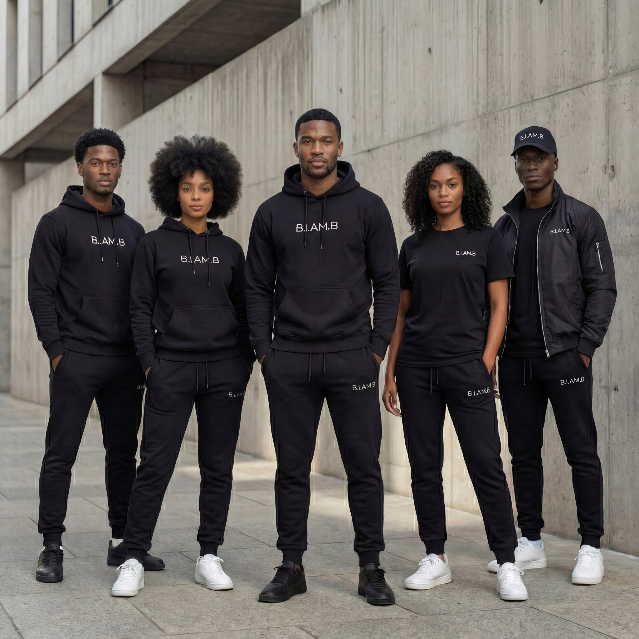 Group of models wearing B.I.AM.B black streetwear including hoodies, joggers, and T-shirts in a modern urban setting
