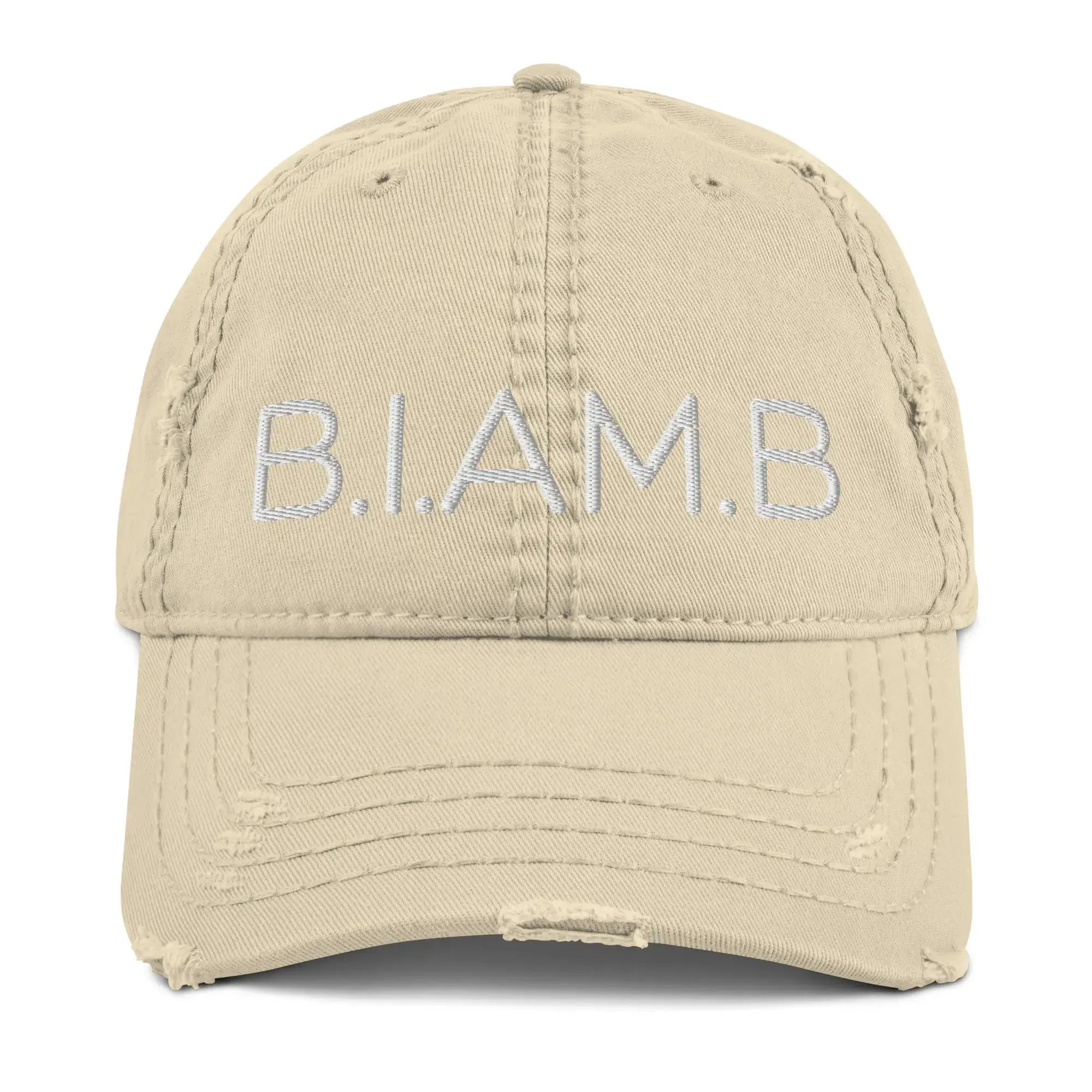 Front view of khaki distressed B.I.AM.B dad hat from the “Every Choice Has Power” edition with embroidered logo
