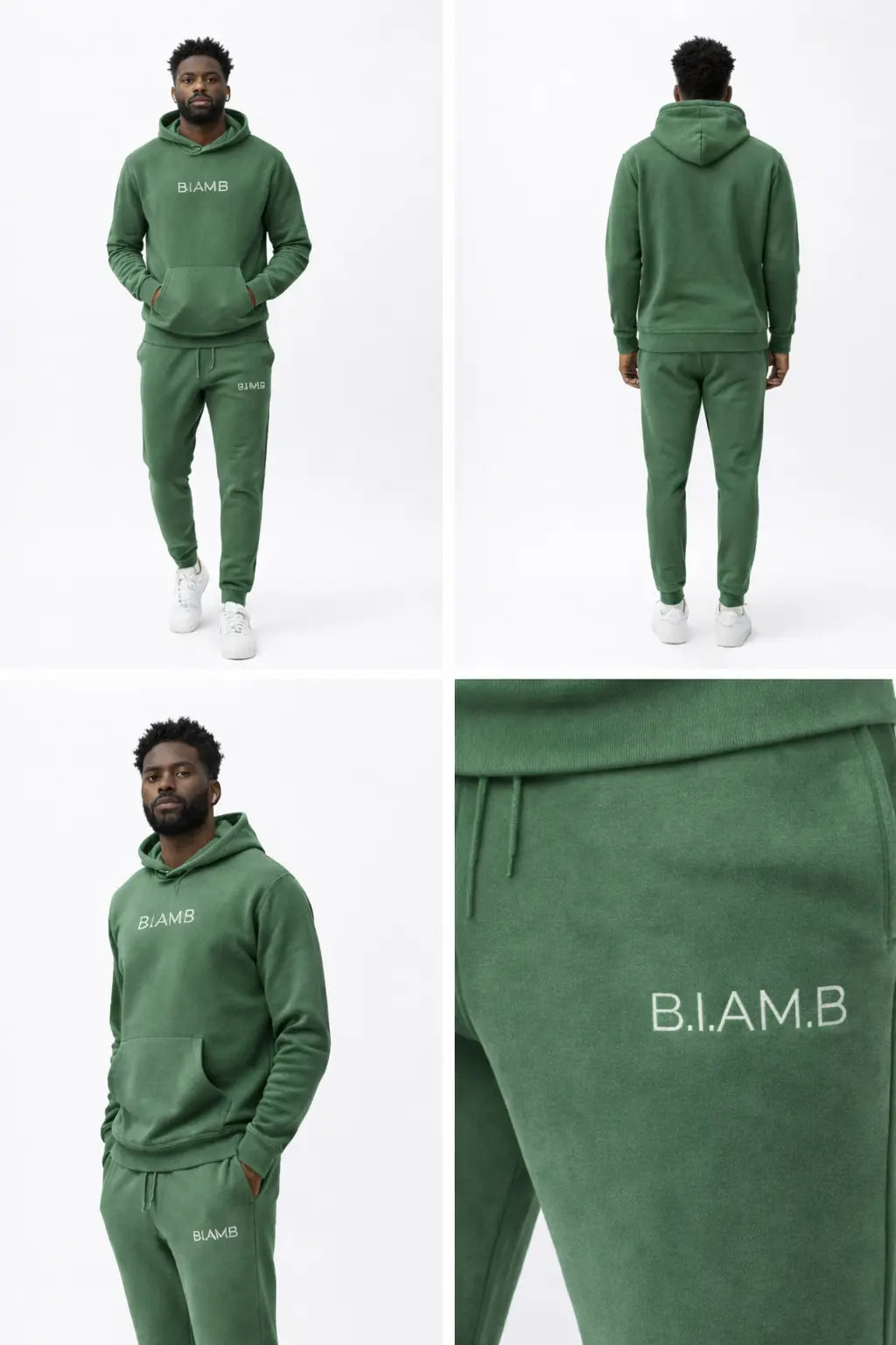 B.I.AM.B pigment-dyed green unisex hoodie and jogger set with embroidered logo, shown from front, back, side, and detail views