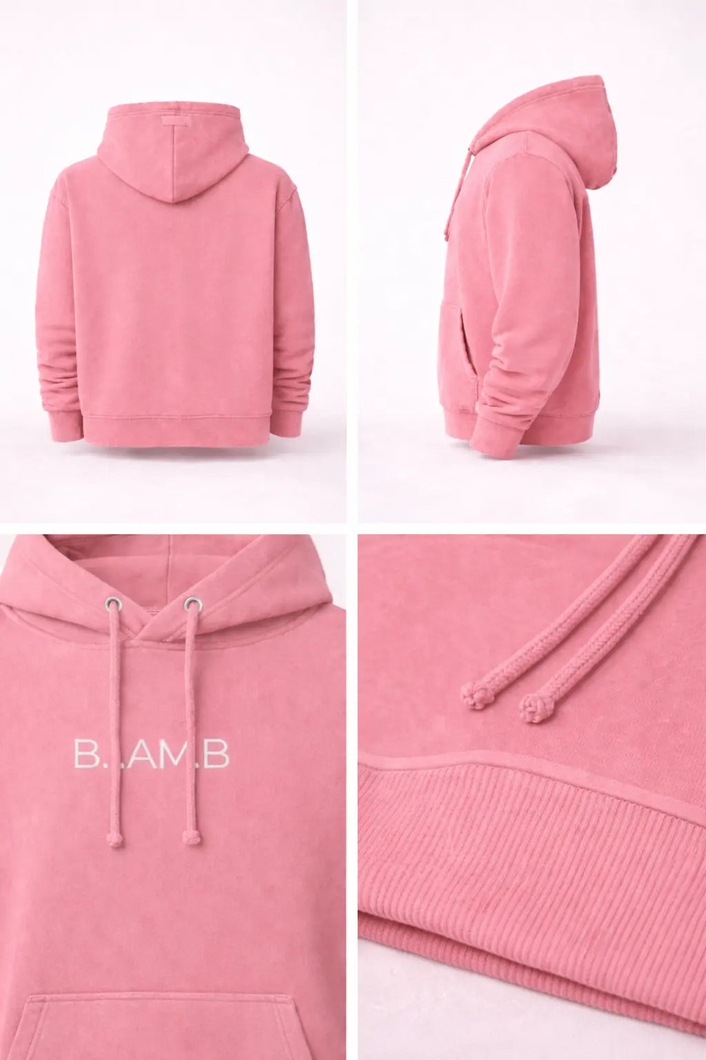 B.I.AM.B pigment pink unisex hoodie with embroidered logo, shown in studio back, side, and close-up detail views
