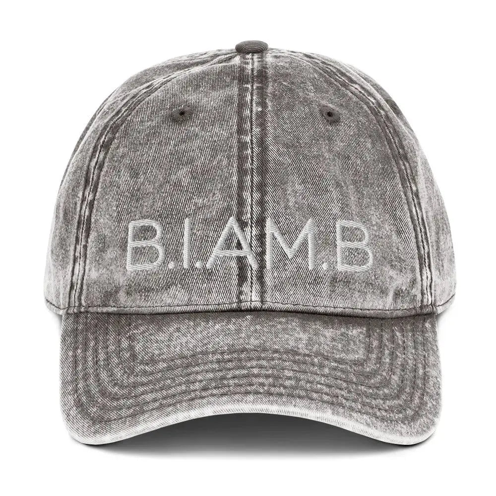 Front view of B.I.AM.B Wear Your Power edition dad hat in stone grey with embroidered logo and vintage washed finish