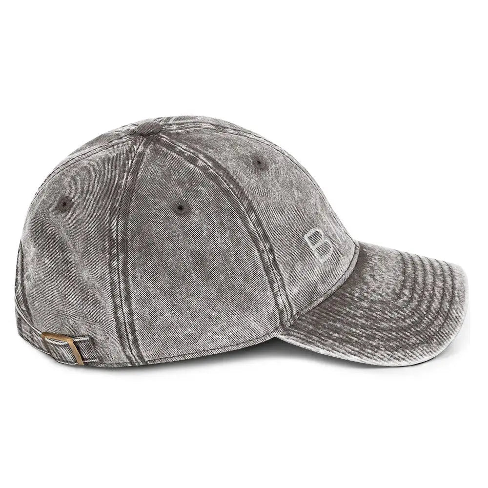 Right side view of B.I.AM.B Wear Your Power edition dad hat in stone grey with vintage washed finish and curved brim