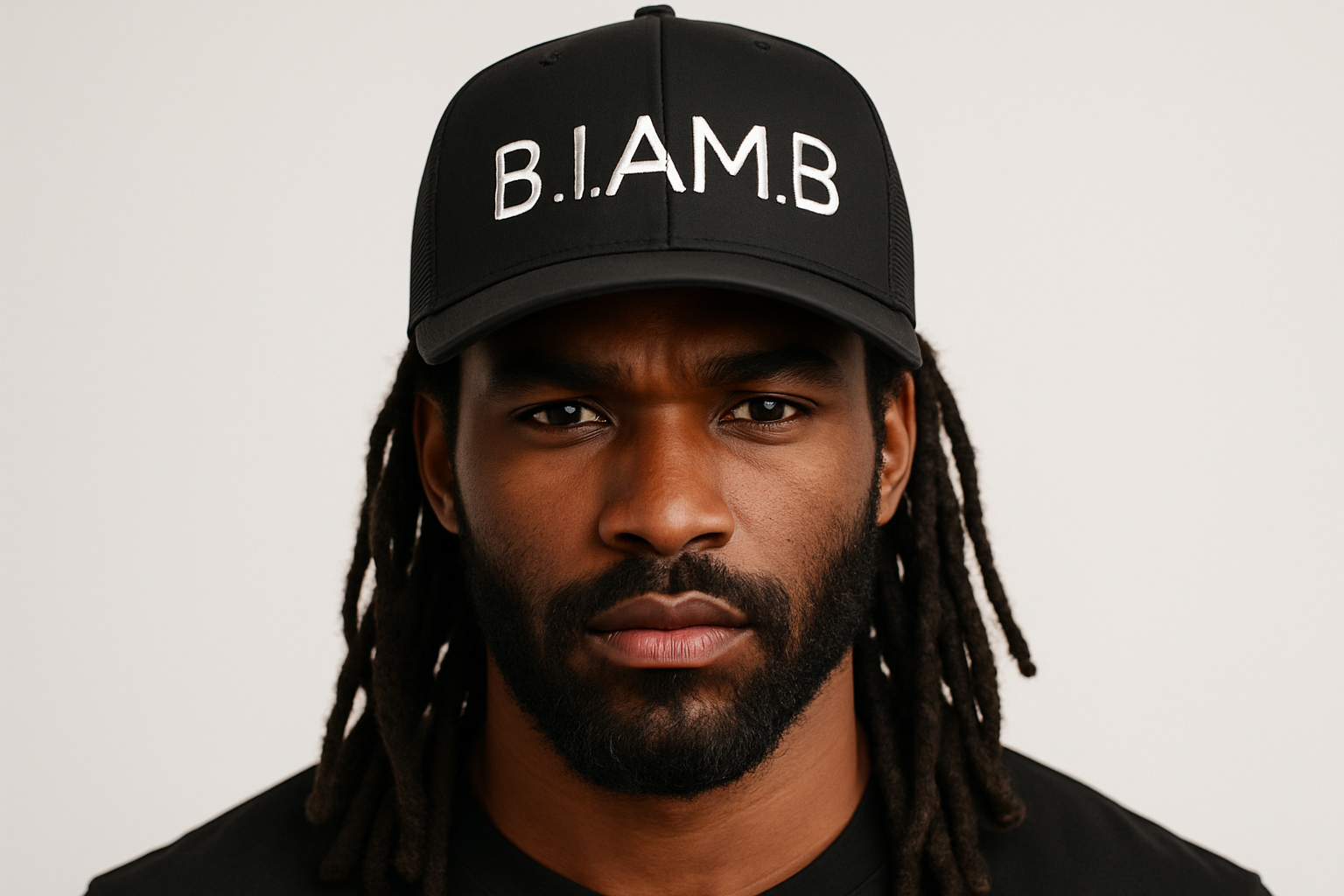 Generated attractive model with rough facial hair and exact hat design